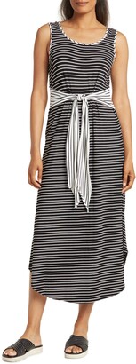 London Times Scoop Neck Sleeveless Tie Waist Stripe Print Maxi Dress