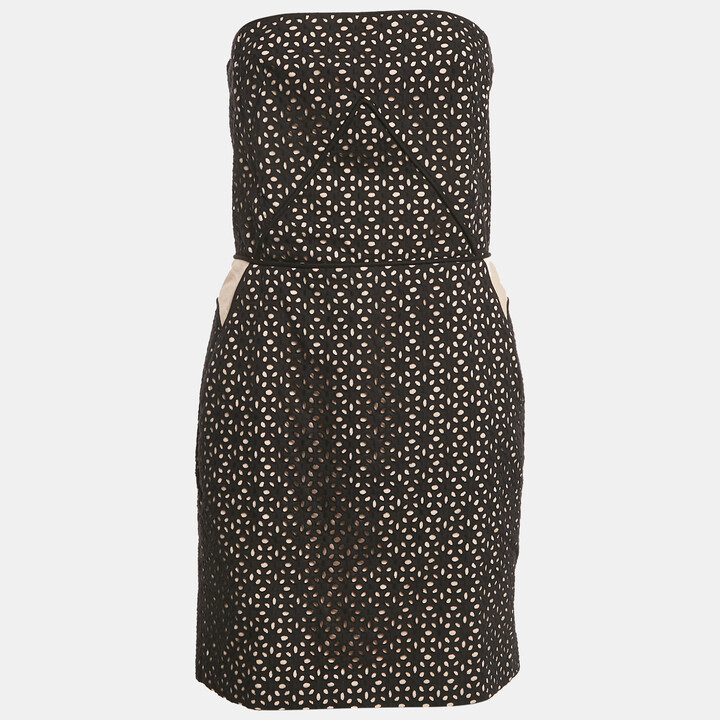 Maje Black Broderie Anglaise Cotton Strapless Mini Dress L