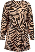 Thumbnail for your product : boohoo Zebra Print Belted Long Sleeve Shift Dress
