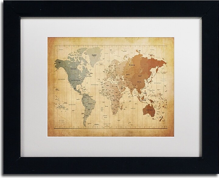 Trademark Global Trademark Michael Tompsett "Time Zones Map of the World" Art, White Matte W/Black Frame, 11" x 14"