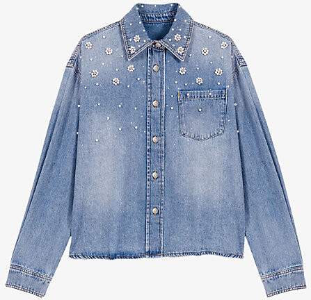 Maje Womens Bleus Flower-Embellished Denim Shirt 8