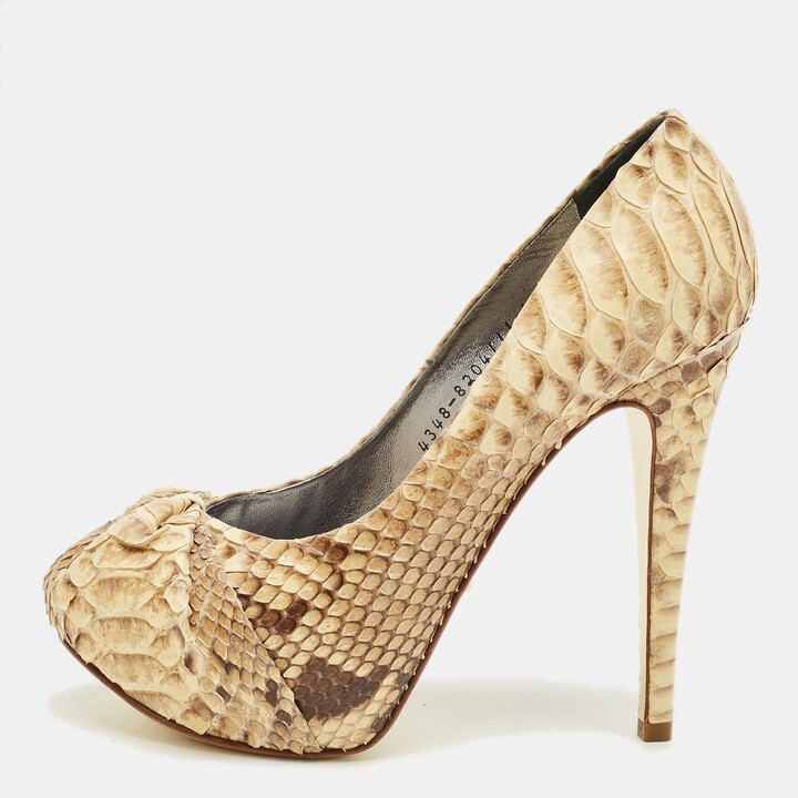 Gina Beige/Brown Python Leather Hoodie Platform Pumps Size 37