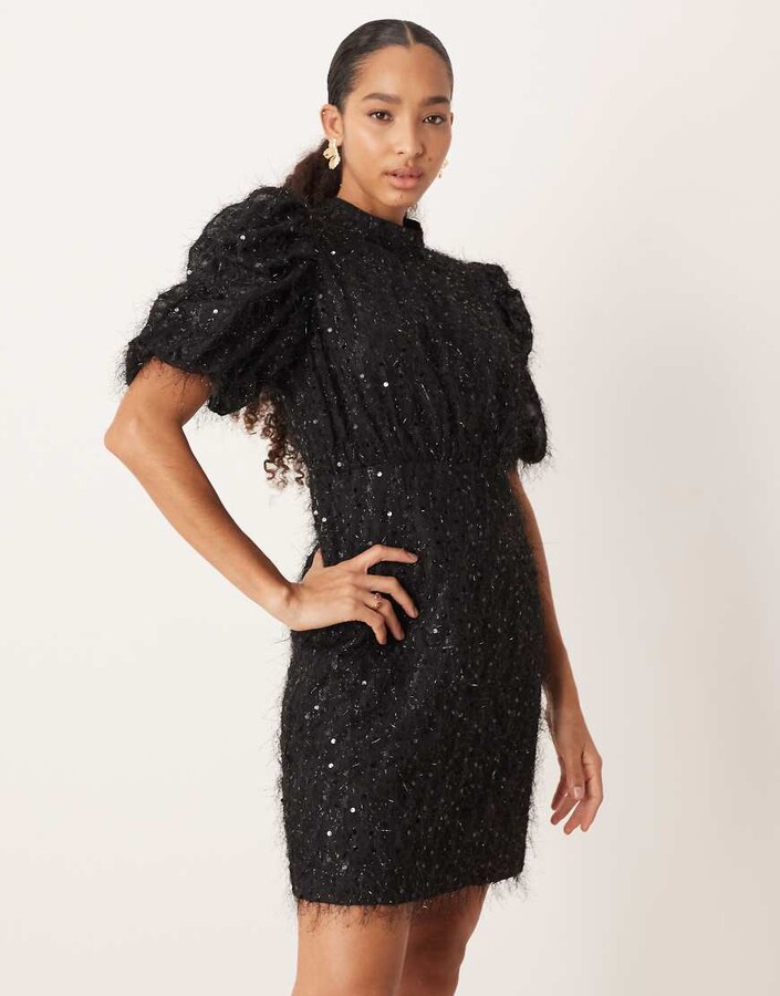 Y.A.S fluffy textured sequin mini dress in black
