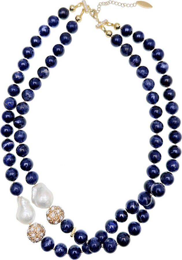 Farra Blue Sodalite With Baroque Pearl With Rhinestones Double Strands Necklace