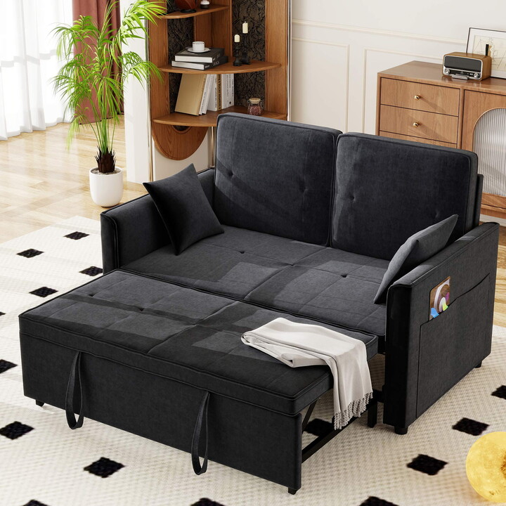 Leumius 3-in-1 Sofa Bed,Convertible Sleeper Sofa with Pull Out Bed, Velvet Futon Couch Loveseat with Adjsutable Backrest and 2 Pillows for Living Room,Black