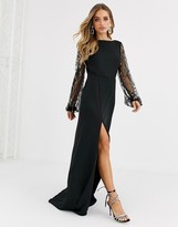 Thumbnail for your product : Virgos Lounge sheer long sleeve maxi dress with thigh split in black