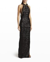 Thumbnail for your product : Balmain Sequined Halter-Neck Chain-Trim Column Gown