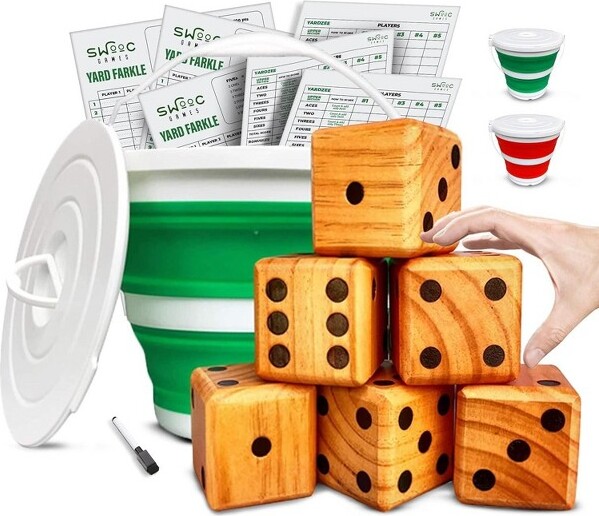 SWOOC Games - Yardzee, Farkle & 20+ Games - Light-Weight Yard Dice Game Set (All Weather) w/ Collapsible Bucket, 5 Big Laminated Scorecards, & Marker