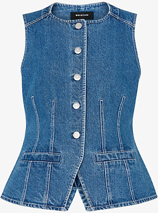 Whistles Womens Blue Round-Neck Slim-Fit Denim Waistcoat 14