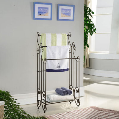 InRoom Designs Freestanding Metal Towel Stand with Three Bars and Storage Shelf for Bathroom Organization