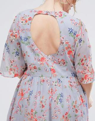 ASOS Curve Premium Pretty Skater Mini Dress With Sheer Fluro Floral Embroidery