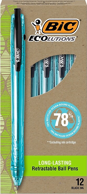 BIC Ecolutions Ocean-Bound Retractable Ballpoint Pens, Medium Point, Black Ink, Dozen (BPRR11-BLK)