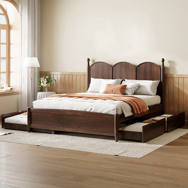 Garvee QueenSizeBedFramewithTrundleWoodenPlatformBedwithCurvedHeadboard&2DrawersWoodenSlatsSupportNoBoxSpringRequiredWalnut