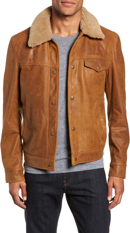 Schott NYC Leather Trucker Jacket with Genuine Sheepskin Collar
