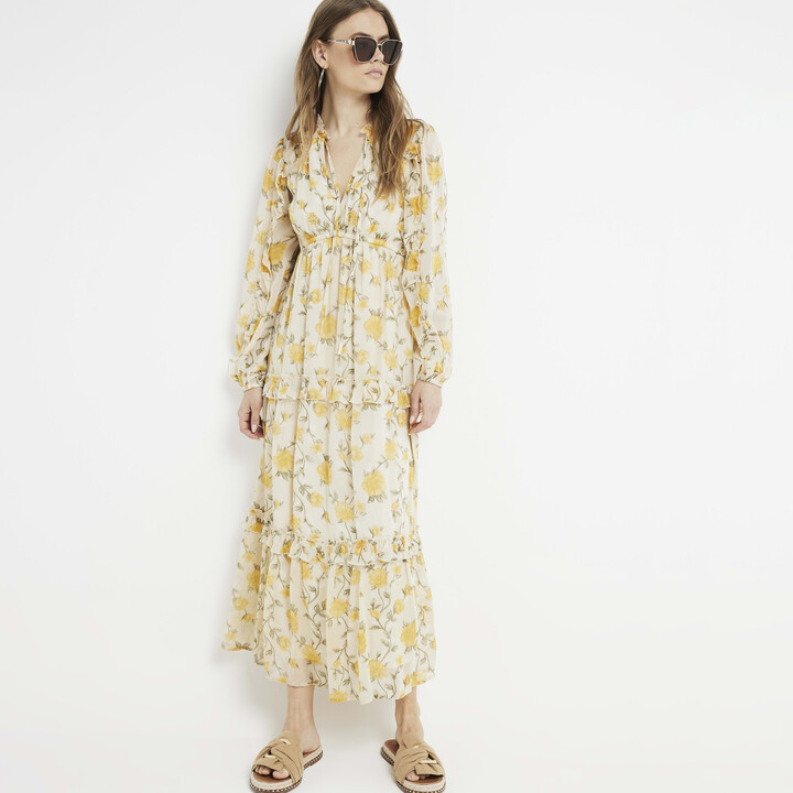 River Island Womens Yellow Floral Tiered Swing Maxi Dress ShopStyle