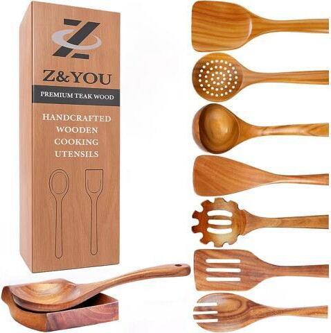 STARWELL 9-Piece Teak Wooden Utensil Set Wooden Spoons for Cooking with Spoon Rest, Wooden Spatula, and Non Toxic Cooking Utensils Premium Kitchen...