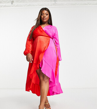 Flounce London Plus satin balloon sleeve ruffle midi dress in contrast pink  and red - ShopStyle