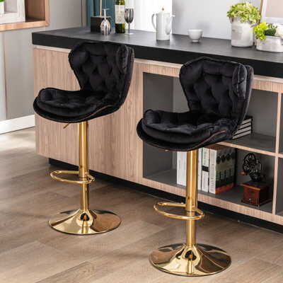 Wrought Studio Two Bar Stools Footrest & Base Swivel And Height Adjustable Via Mechanical Lifting Velvet + Golden Leg Of 2 Lifting For Change Style