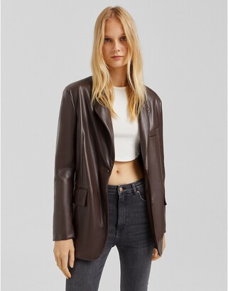Bershka oversized faux leather blazer in chocolate brown - ShopStyle