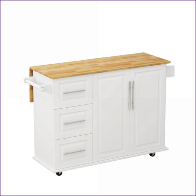 Latitude Run Kitchen Island Cart with Expandable Solid Wood Top 2-Door Cabinet & 3 Drawers | 43.31 Inch | Snow White | E1 MDF