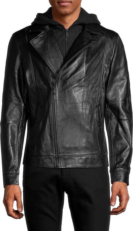Ron Tomson Fleece Hood Leather Jacket - ShopStyle
