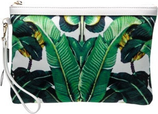 Dee Ocleppo Clutch Green Canvas Printed Gold-Tone Hardware Wrist Strap Leather Trim Embellishment Poplin Lining & Dual Interior Pockets Zip Closure at Top