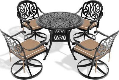 Banior 5 All-weather Dining : 4 Swivel Chairs & 35.43" Round Table In Aluminum, Black Frame, , -, Comfortable Seating, 350lbs Seat Weight Capacity, 160lbs Co