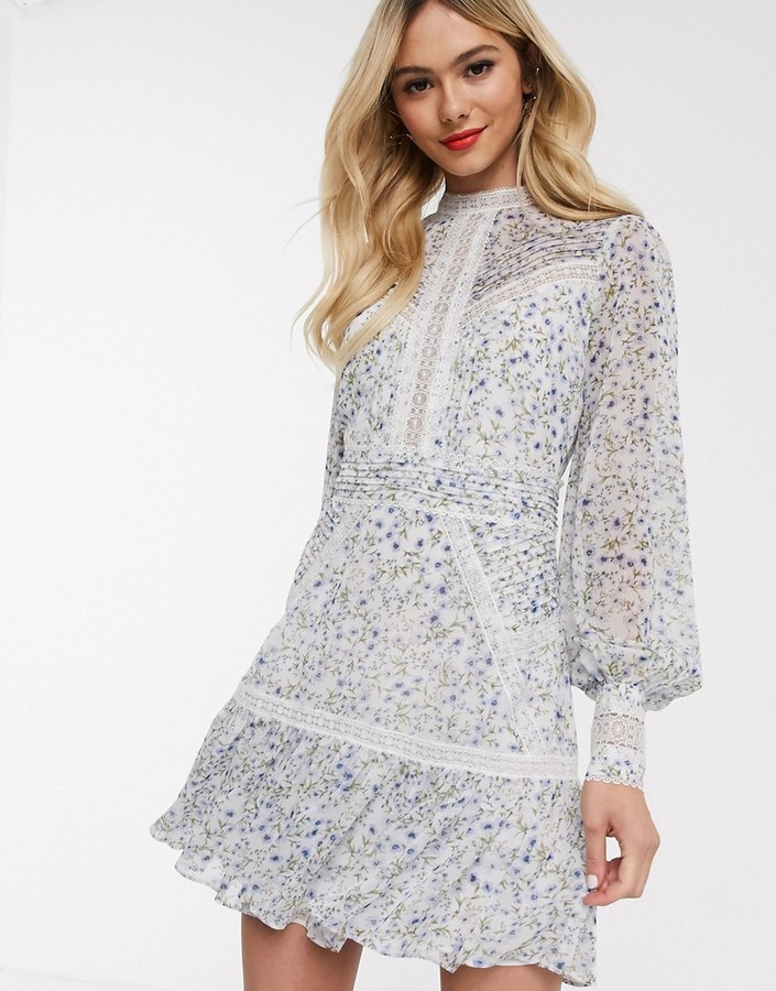 Forever New lace insert mini dress in lilac ditsy print - ShopStyle