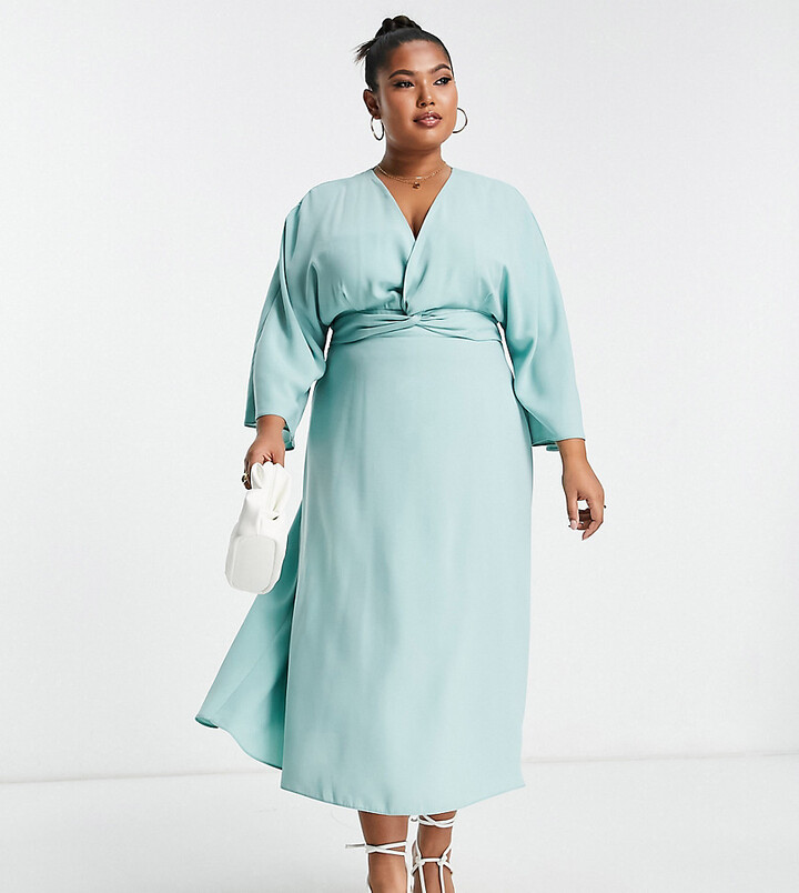 ASOS Curve ASOS DESIGN Curve exclusive pleated midi dress with kimono  sleeve and tie waist - ShopStyle
