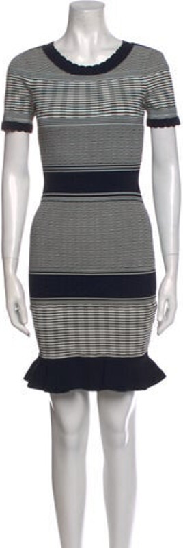 Milly A-Line Dress Black & White Striped Scalloped & Eyelet Accents Short Sleeve with Scoop Neck Designer