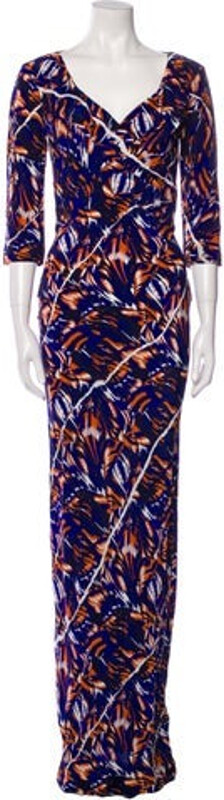 Kenzo Silk Evening Gown Blue Printed Three-Quarter Sleeve with V-Neck Concealed Zip Closure at Back