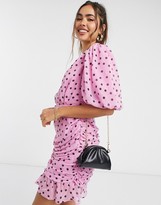 Thumbnail for your product : ASOS DESIGN wrap front ruched bodycon mini dress with puff sleeves in polka dot