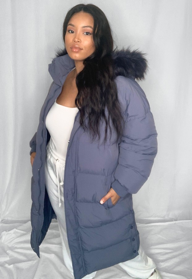 Missguided Plus Size Blue Faux Fur Hooded Longline Puffer Coat