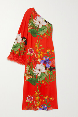 Borgo de Nor Aubrey One-sleeve Feather-trimmed Floral-print Crepe De Chine Midi Dress - Red