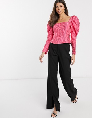 And other stories & puff sleeve cropped top in pink floral jacquard
