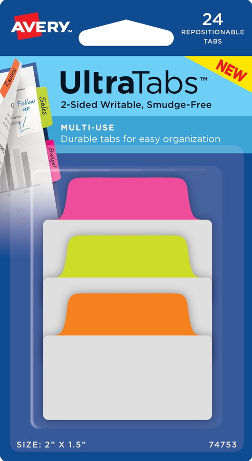 Avery Ultratabs, Multi-Use Style, 2" x 1.5", Paper, Write-on Tab, Assorted Neon Colors, 24 Tabs