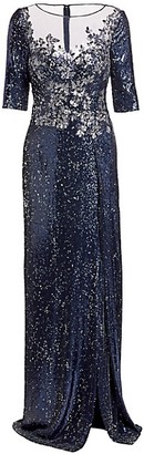Teri Jon by Rickie Freeman Embellished Sequin Slit Gown