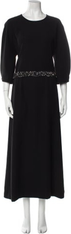 Lanvin Crew Neck Long Dress Lanvin Evening Gown Black Crystal Embellishments Three-Quarter Sleeve with Crew Neck Designer