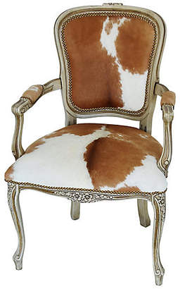 One Kings Lane Vintage Carved Armchair W/ Brown & White Cowhide