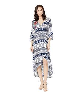 Tribal Printed Crinkle Gauze Faux Wrap Dress with Embroidery