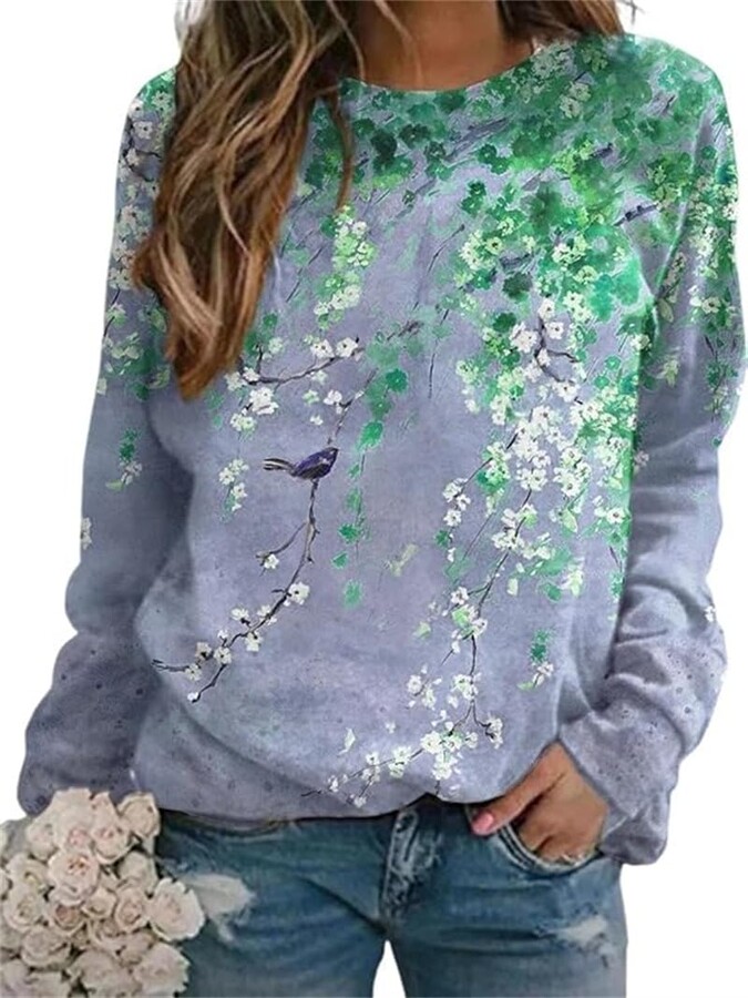 IVERIRMIN Womens Floral Long Sleeve Shirts Casual Vintage Crewneck Sweatshirts Graphic Pullover Tops Boho Sweaters for Women