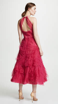Marchesa Notte Sleeveless Textured Tulle Tea Length Gown