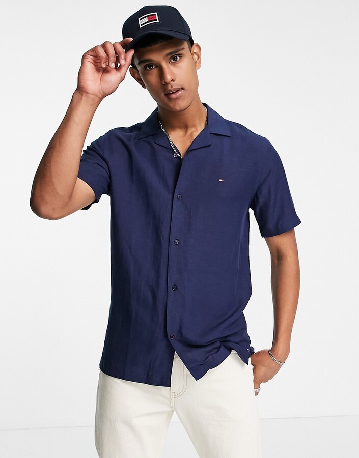 Tommy Hilfiger icon logo short sleeve linen viscose revere collar shirt in  carbon navy - ShopStyle