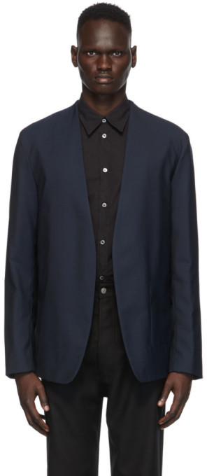 navy collarless blazer