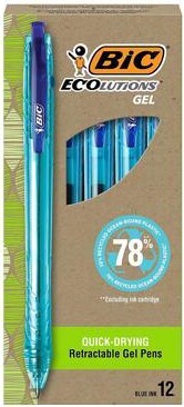 BIC ECOlutions Retractable Gel Pen Medium Point 1.0 mm Blue Ink 12/Pack (RGLE11-BLU)