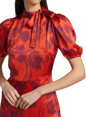 ML Monique Lhuillier Floral Short Puff-Sleeve Midi Dress