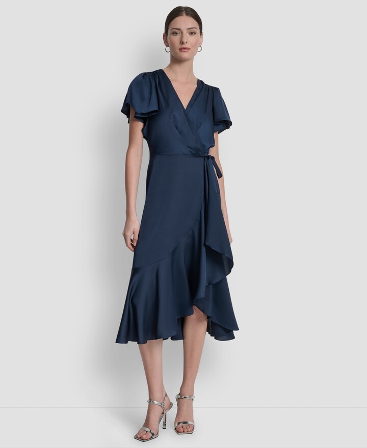 Dkny Women's Short Sleeve Faux Wrap Midi Dress