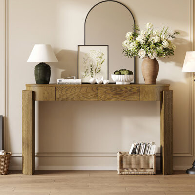 Ivy Bronx Entryway Table With Natural Wood Grain Finish Console Table With Fluted Design Oval Top And 2 Drawers For Entryway And Living Room (Pine Wood)