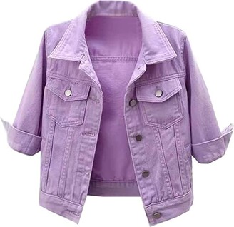 Joyyoq Women's Stretch Denim Jacke Casual Lapel Cropped Jean Jacket (Color  : Purple Size : L) - ShopStyle