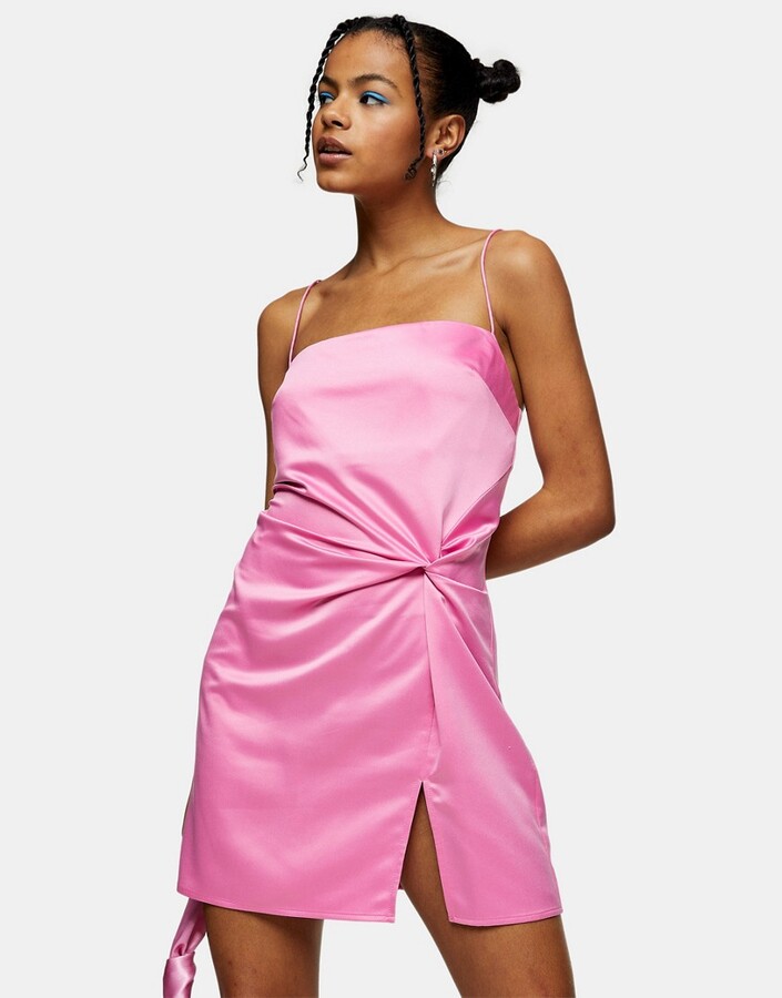 Topshop satin mini dress with knot detail in pink - ShopStyle